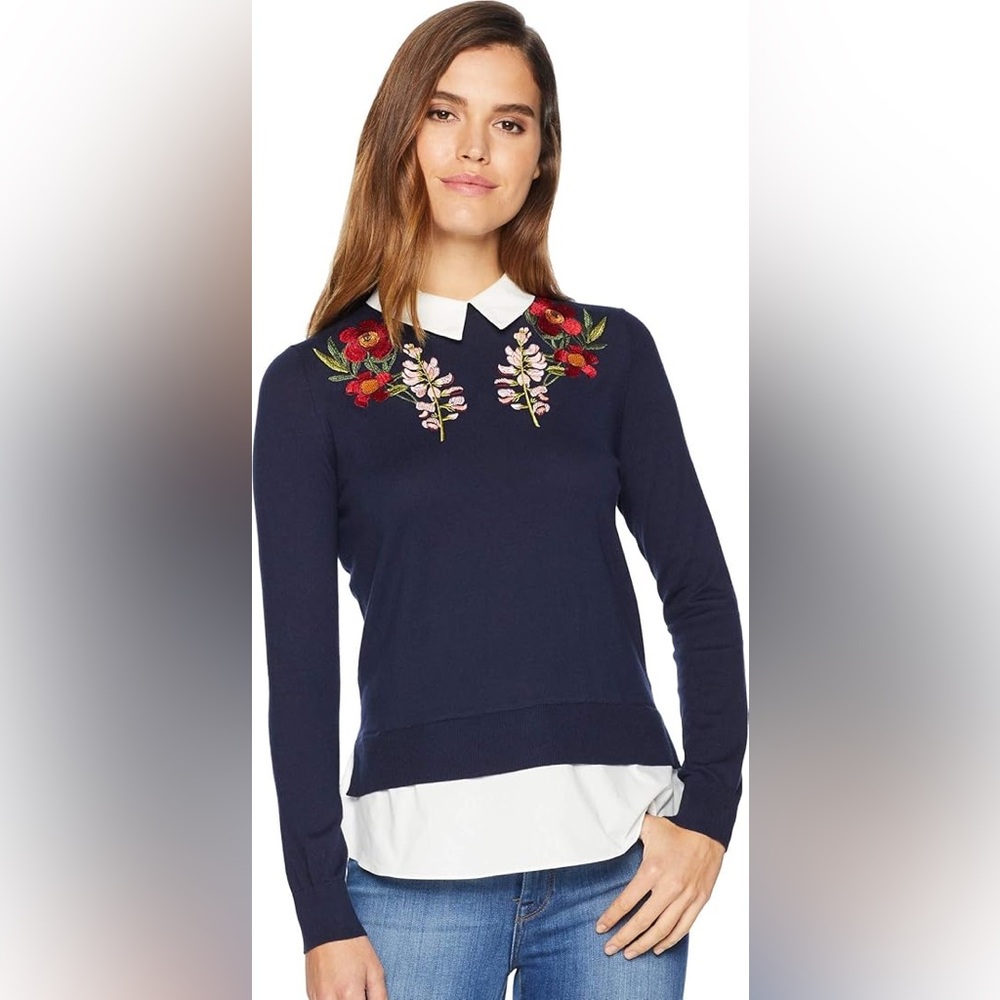Ted Baker Toriey White Pointed Collar and Pink Floral Embroidery Size 4 (FLAW)